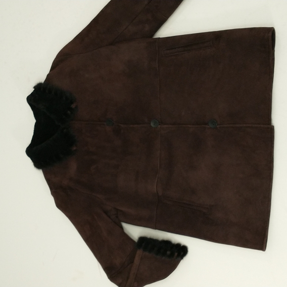 Authentic Shearling USA made Coat Long Jacket Dark Brown Suede Leather Fur Trim - Picture 14 of 16